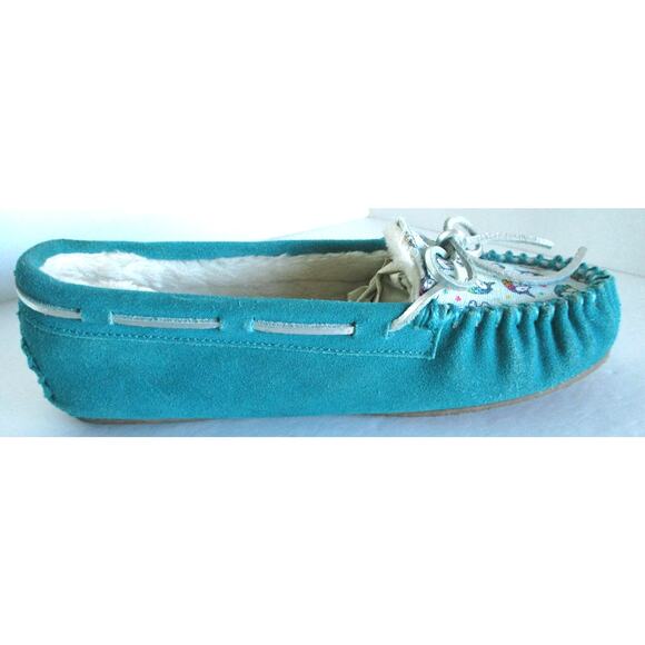 Minnetonka Girls Turquoise Unicorn Moccasin Slippers Size 3 Youth - Picture 8 of 10
